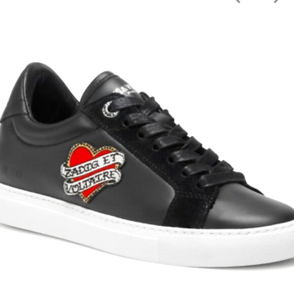Zadig & Voltaire Zv1747  Heart Patch Low-Top Sneakers In Black - Picture 1 of 16